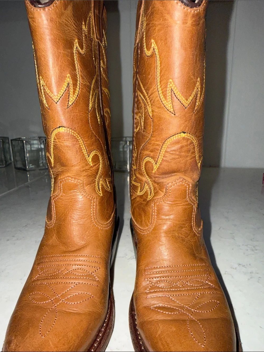 Old West Brown Leather Kids Western Boots with Yellow Stitching